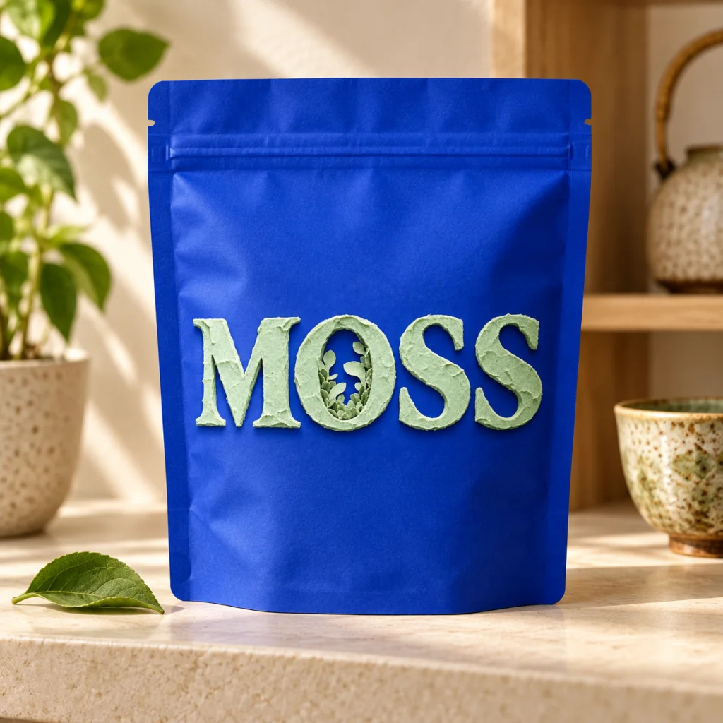 MOSS artwork on a cobalt pouch — packaging mockup