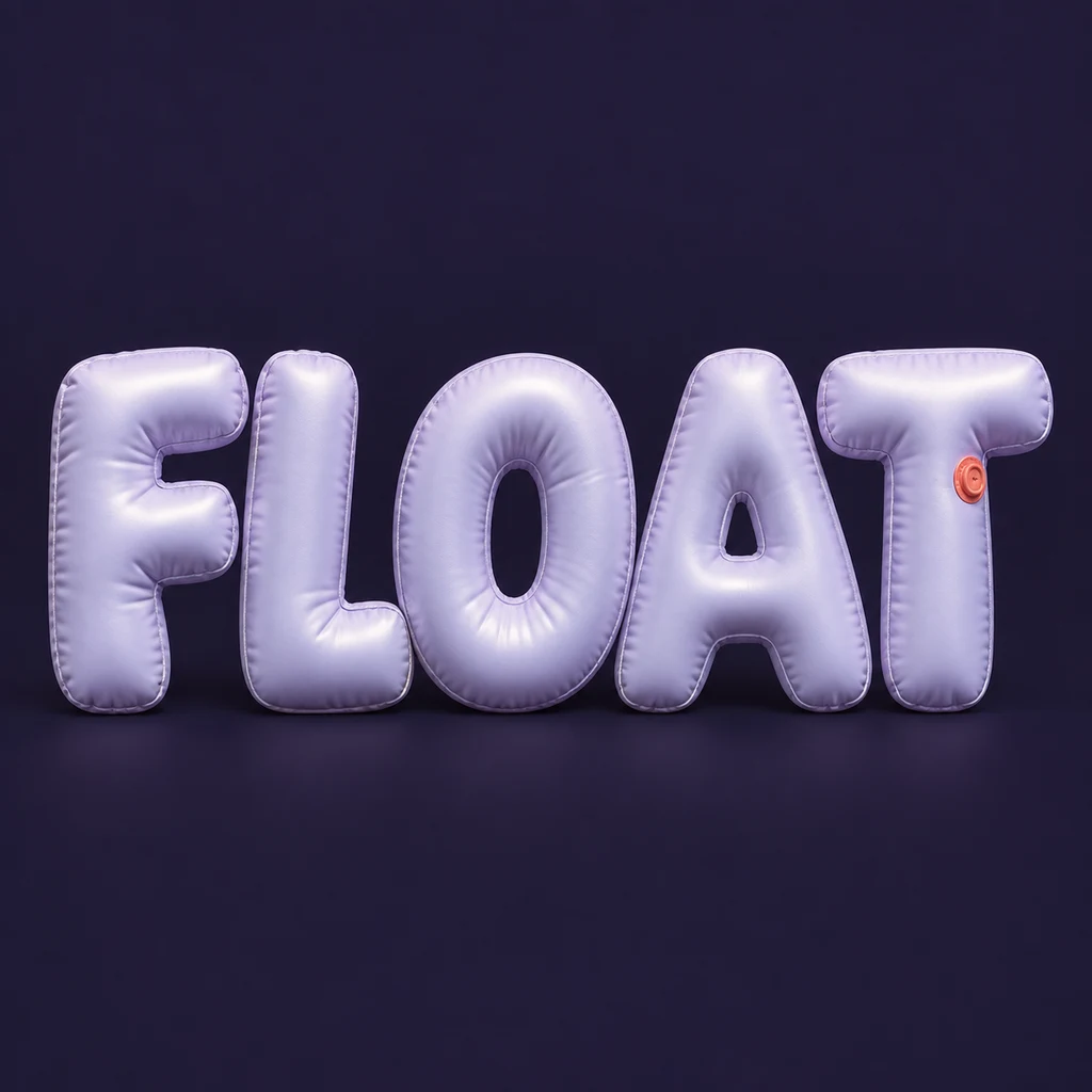 FLOAT as five separate lavender inflated-latex capitals with open counters and subtle seams on deep plum