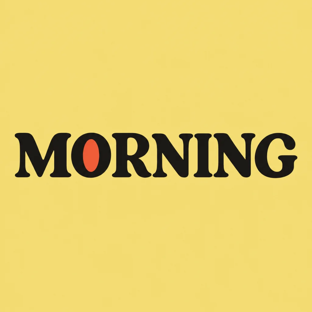 MORNING café wordmark in rounded black serif letters on butter yellow with one vermilion inset