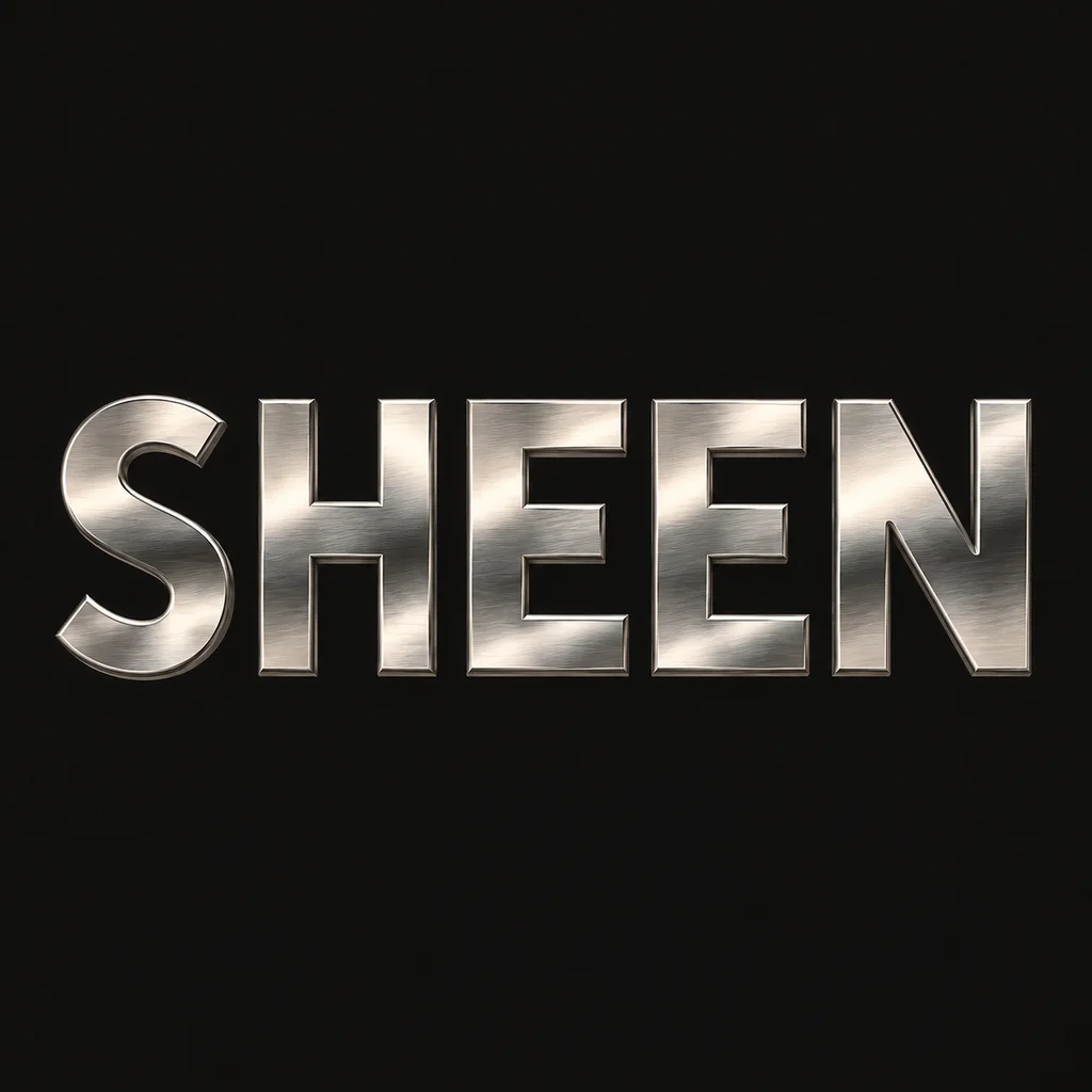 SHEEN in five complete brushed-silver reflective capitals on a matte near-black square