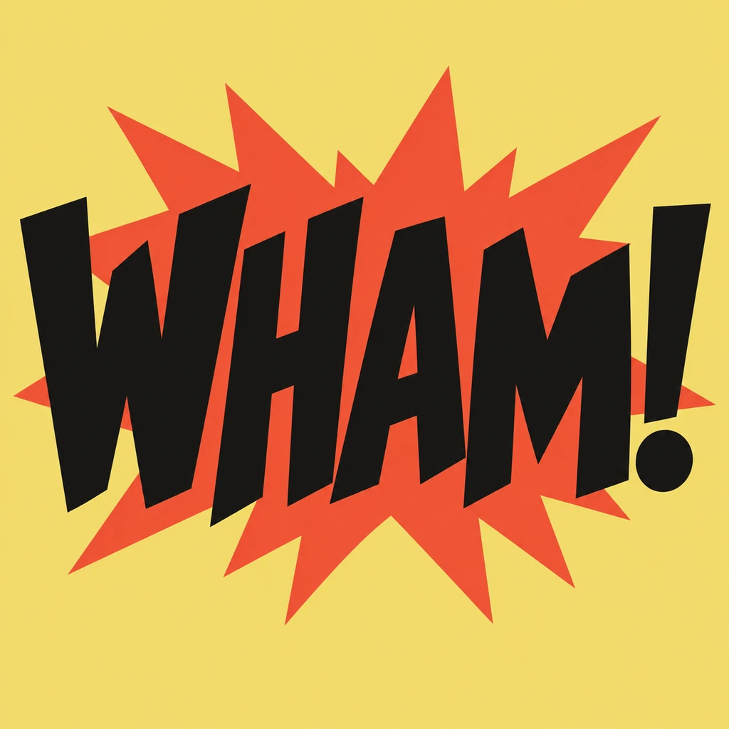 WHAM! in complete near-black comic action letters with a distinct exclamation mark and a compact vermilion impact shape on butter yellow