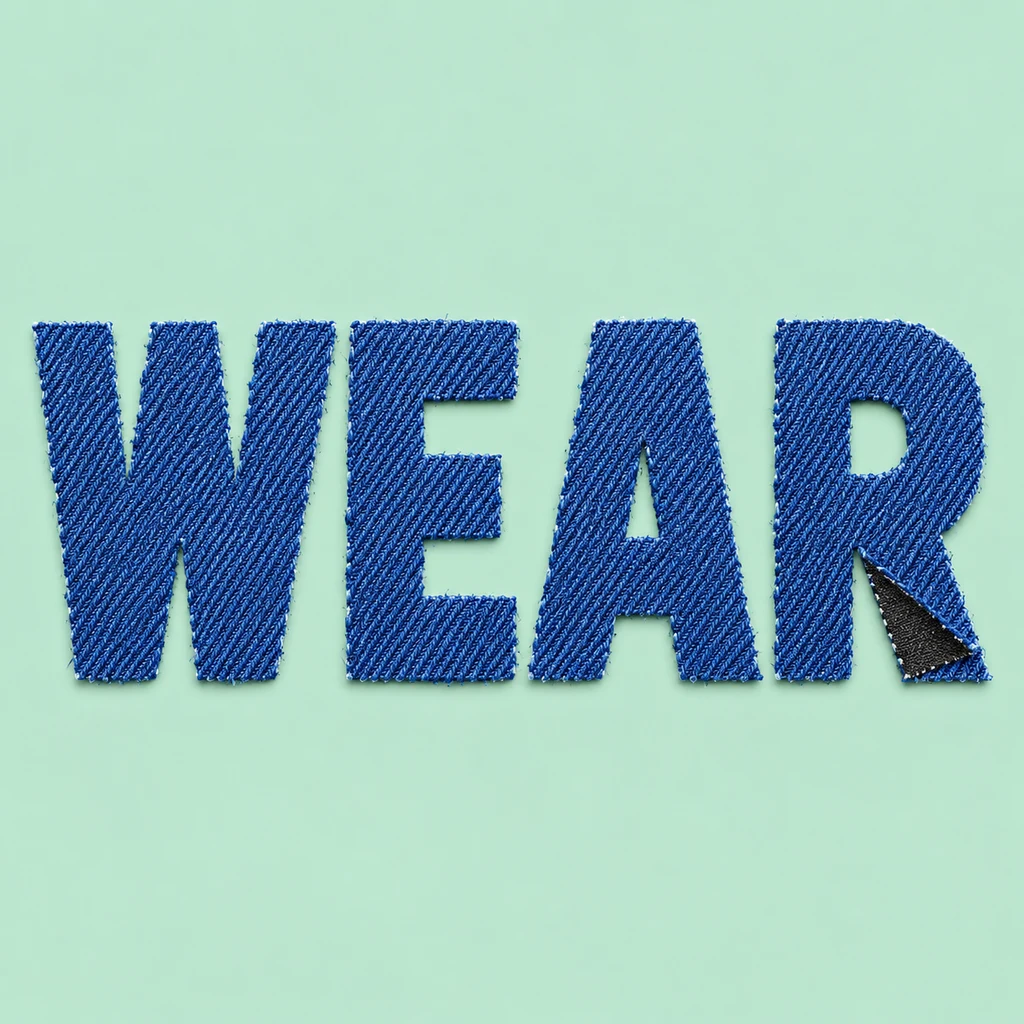 WEAR as separate blue denim letter shapes with diagonal twill and open counters on pale mint
