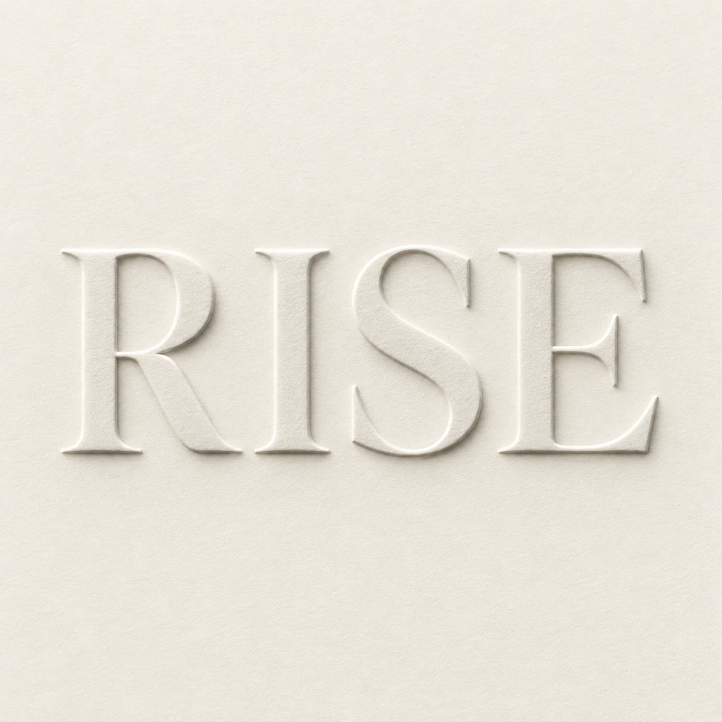 RISE as four raised ivory-paper capitals with crisp highlights and soft gray relief shadows on one continuous sheet