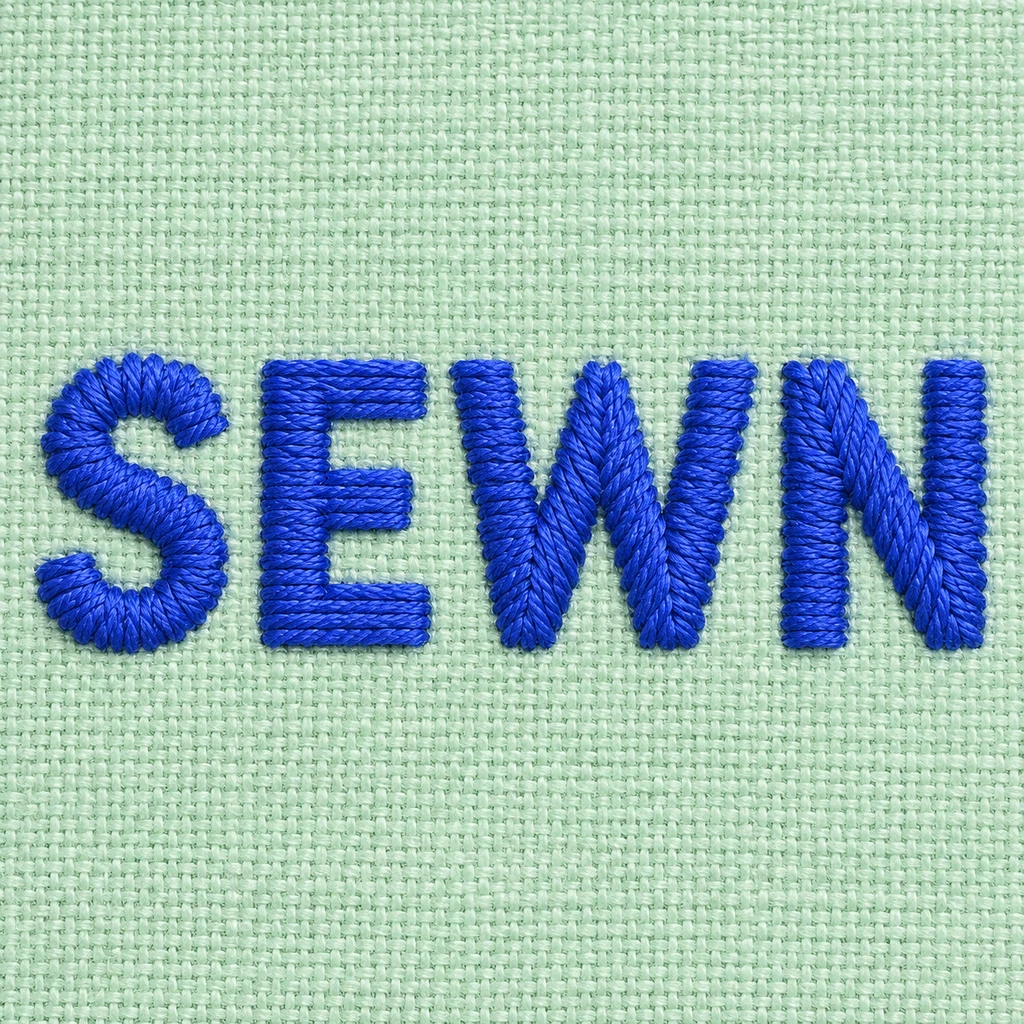 SEWN in four complete ultramarine stitched capitals on pale mint woven fabric, with clear letter joints and no loose thread