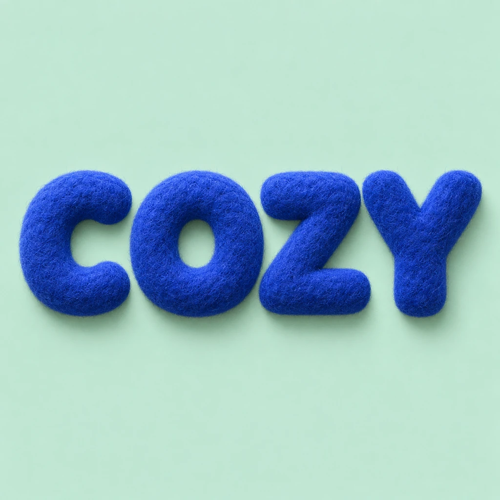 COZY in ultramarine felt letters with fine fibers, rounded edges and soft contact shadows on pale mint