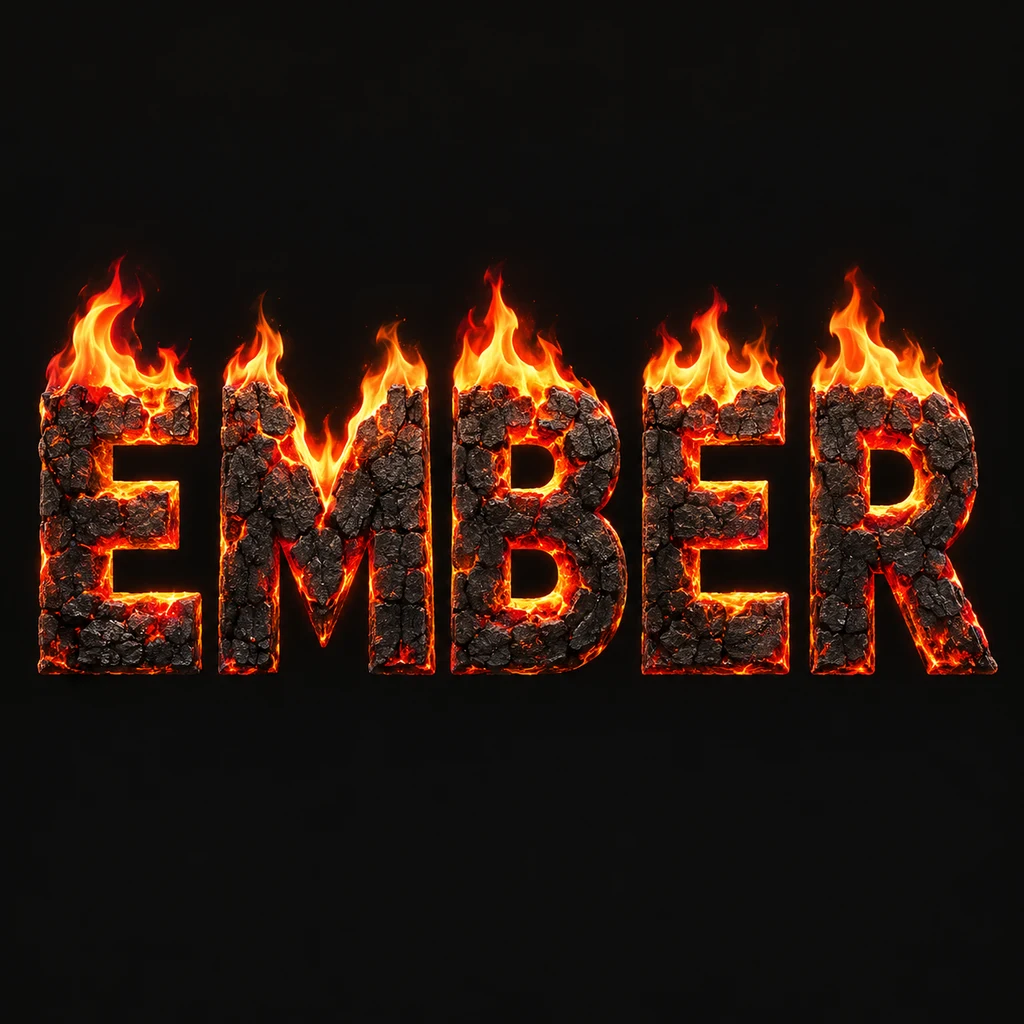 EMBER in complete charred uppercase letters with contained orange and yellow flame edges on near-black