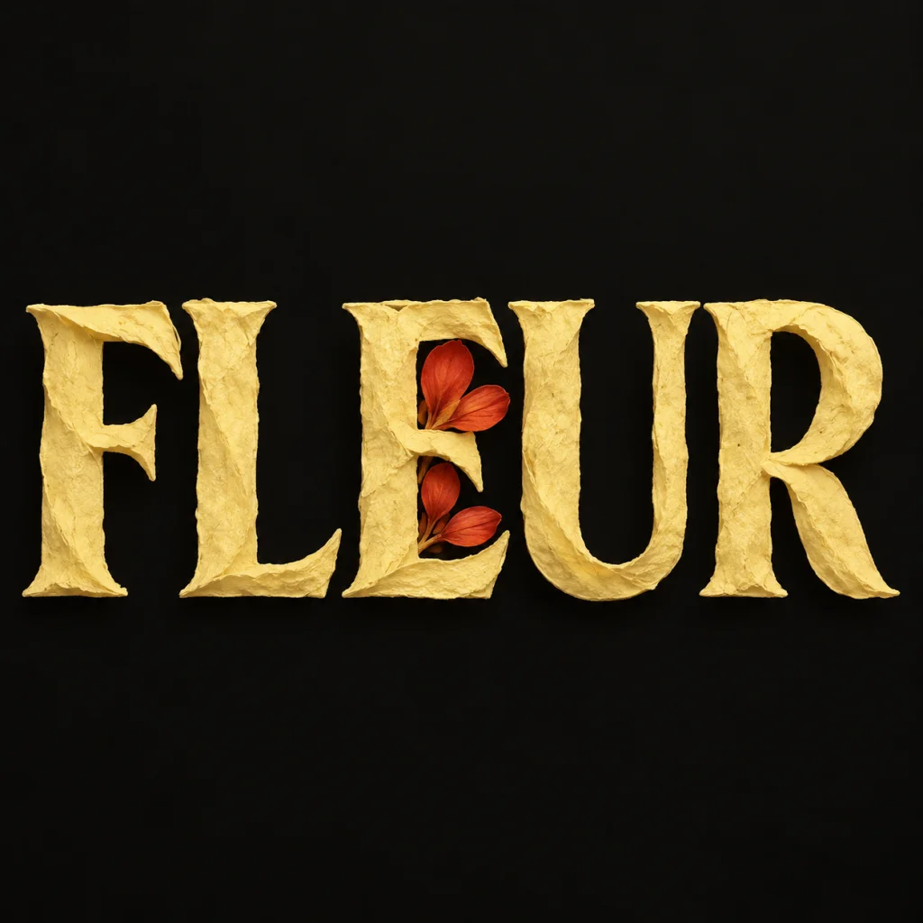 FLEUR in butter-yellow paper lettering with small vermilion petals on near-black