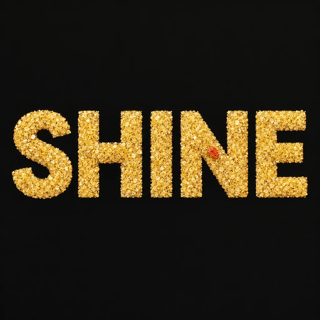SHINE in complete butter-colored fine glitter letters on near-black with one small vermilion grain inset