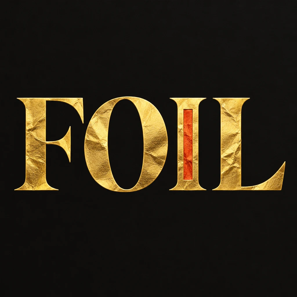 FOIL in four complete butter-gold serif capitals with subtle pressed-foil grain on near-black, and one small vermilion inset
