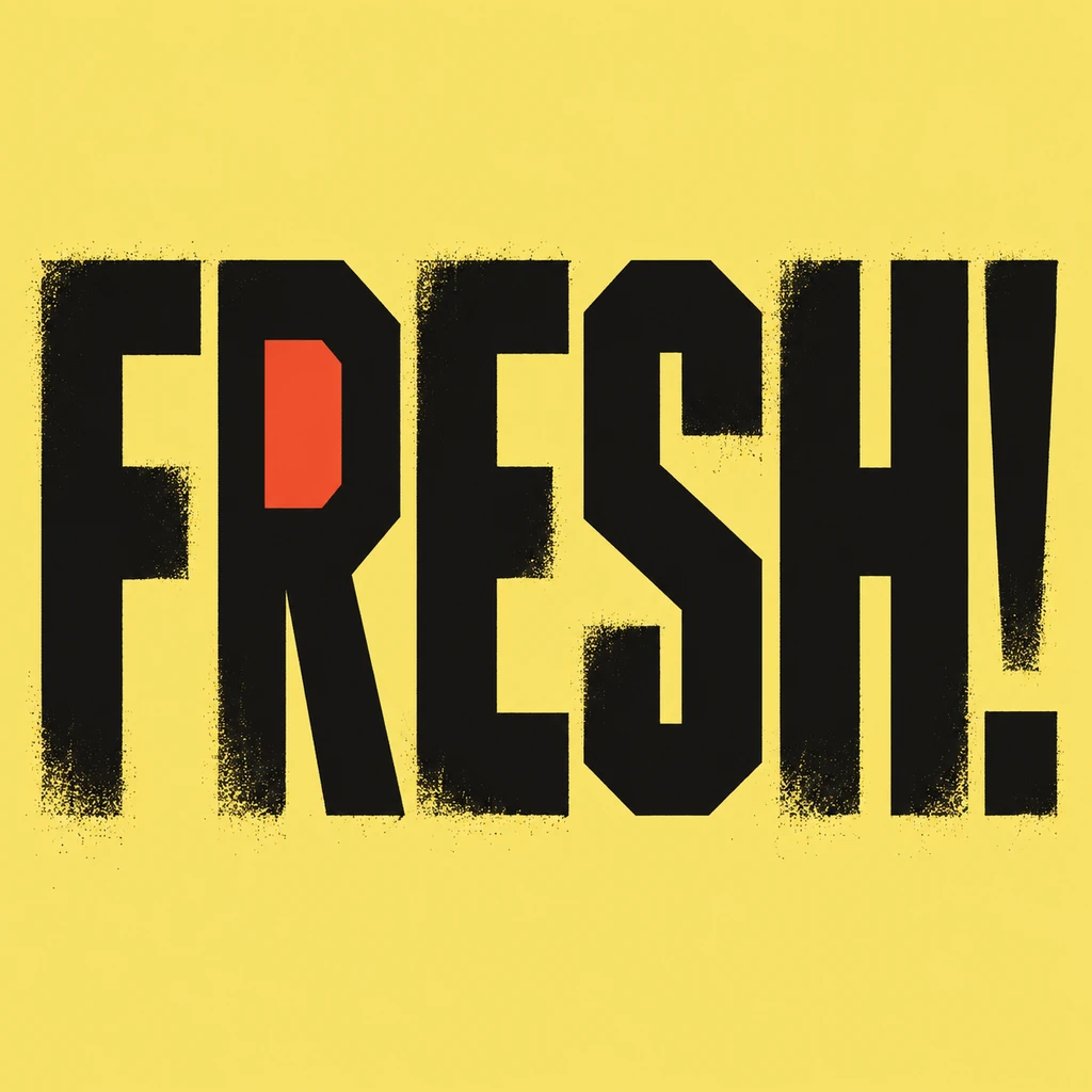 FRESH! in angular near-black graffiti block letters on butter yellow with a vermilion inset and complete exclamation mark