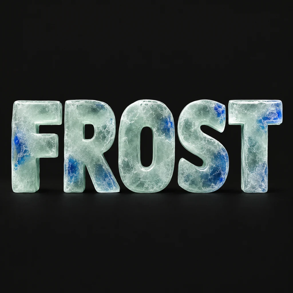 FROST in pale mint ice letters with contained cloudy frost and small blue inclusions on near-black