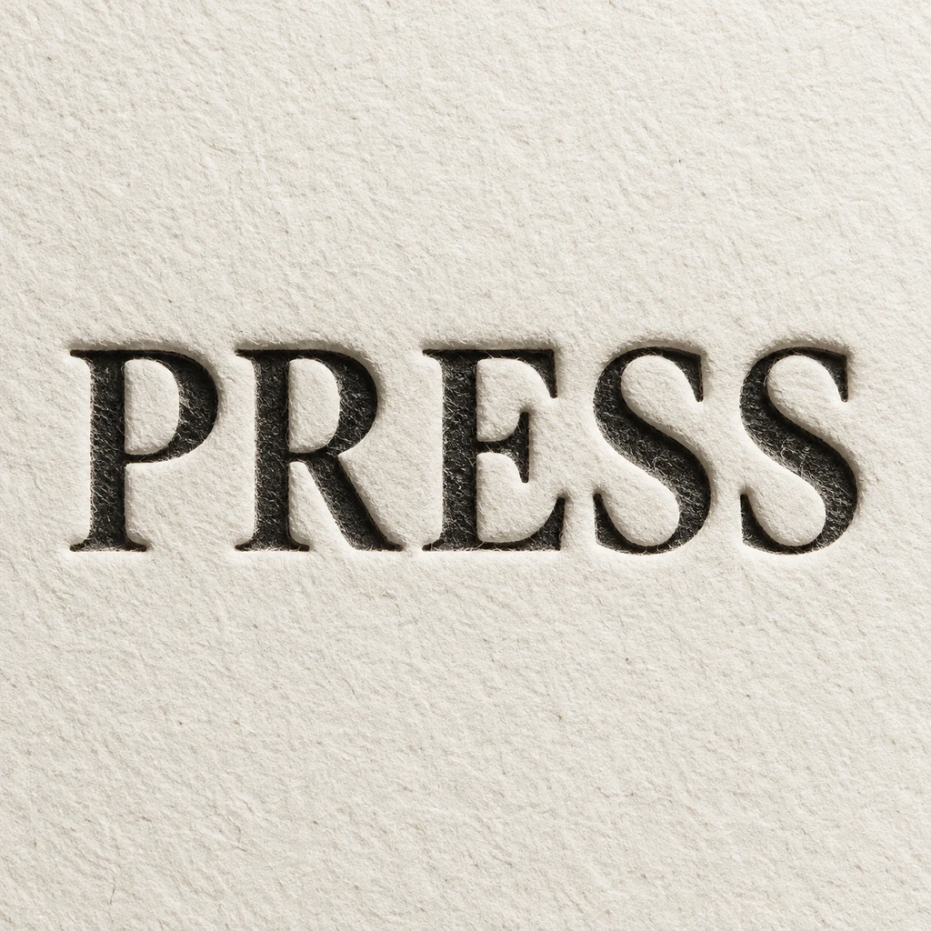 PRESS in near-black lettering with shallow recessed edges in warm ivory cotton paper