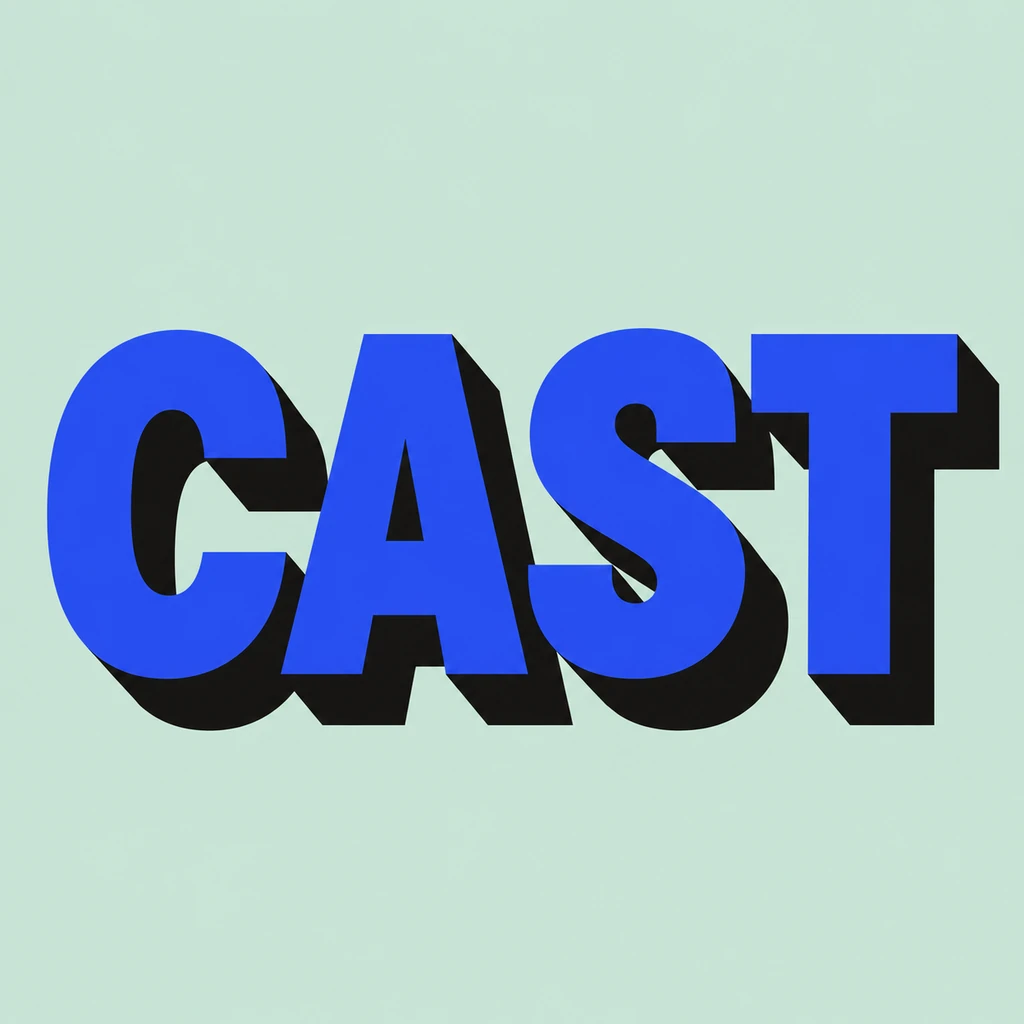 CAST in four complete ultramarine capitals on pale mint, each with a consistent hard-edged near-black shadow extending down-right