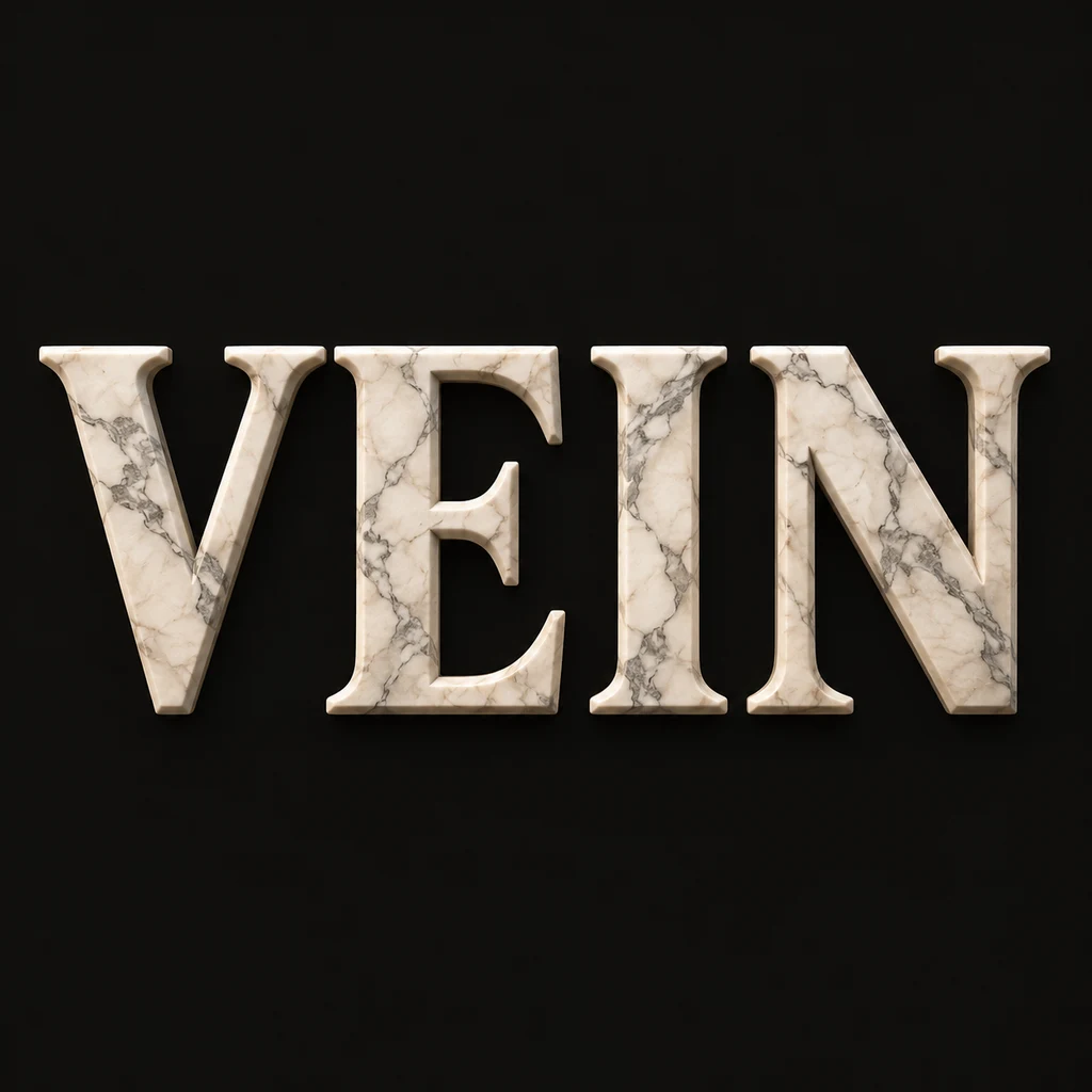 VEIN in complete off-white marble letters with contained gray mineral veins on near-black