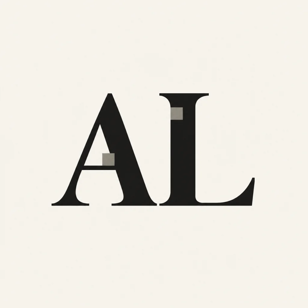AL as two distinct black serif initials with square gray insets on warm ivory