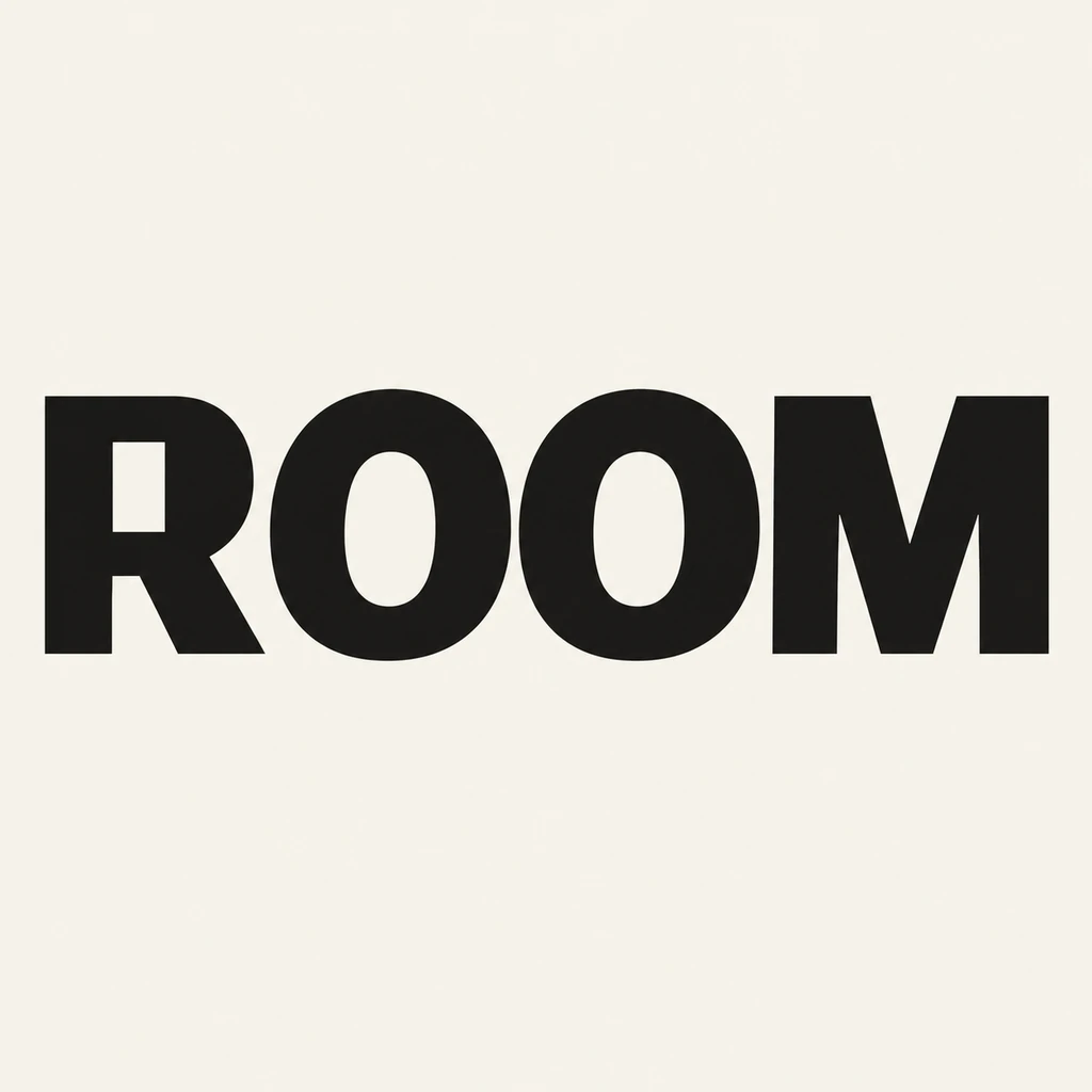 ROOM in wide near-black capitals on warm ivory with a rectangular doorway-shaped opening inside the R