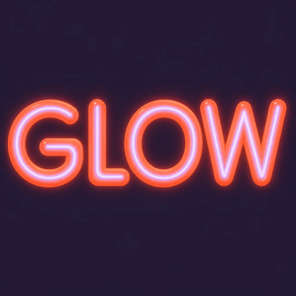 GLOW in complete separate coral neon-tube capitals with lavender cores on a deep-plum square