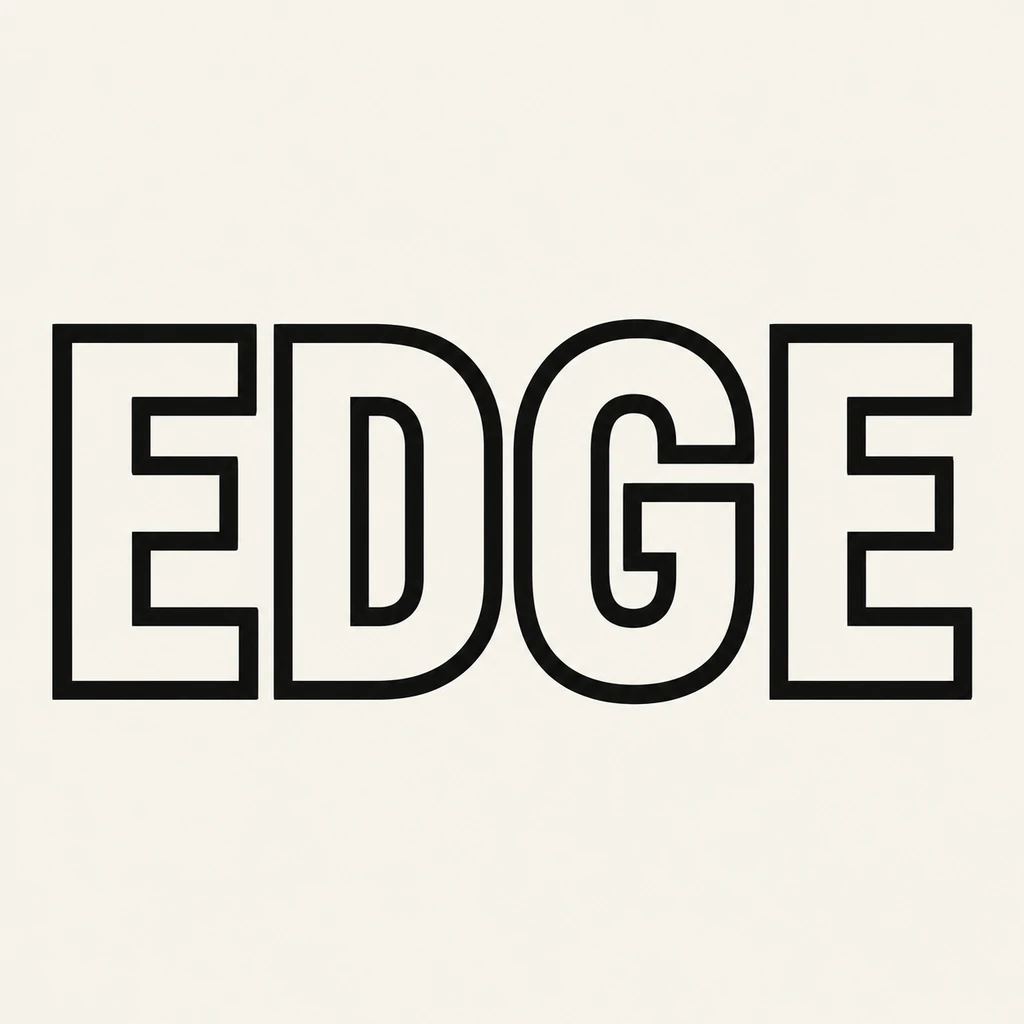 EDGE in wide hollow sans-serif capitals with near-black outlines and warm ivory interiors on an ivory field