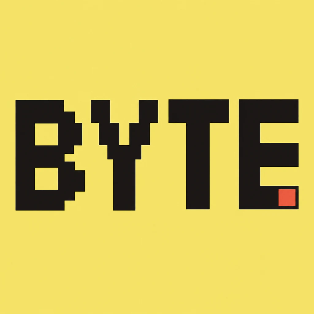 BYTE in complete stepped near-black pixel lettering on butter yellow with one vermilion square inset