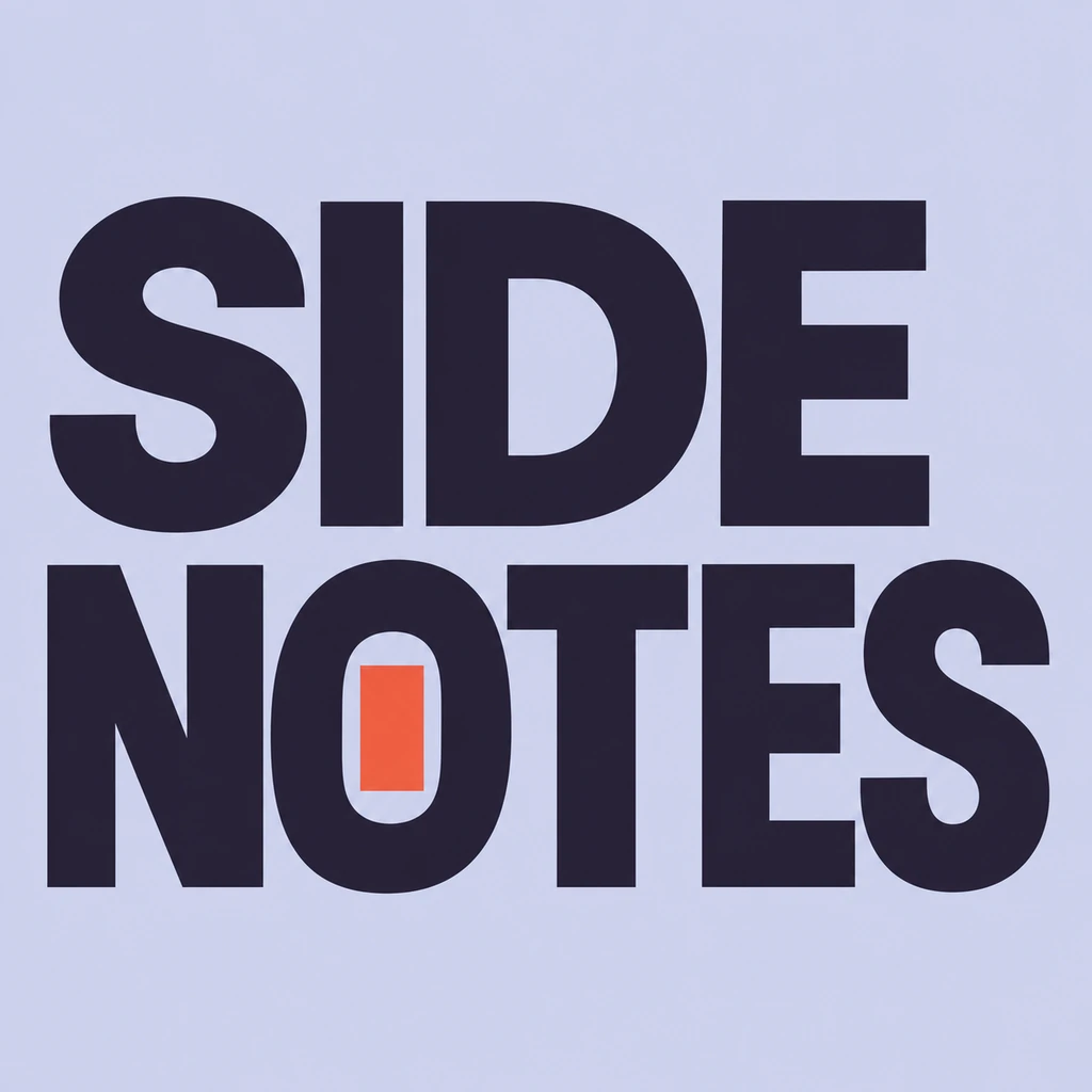 SIDE NOTES in two offset lines of deep-plum lettering on lavender with a coral rectangle inside the O