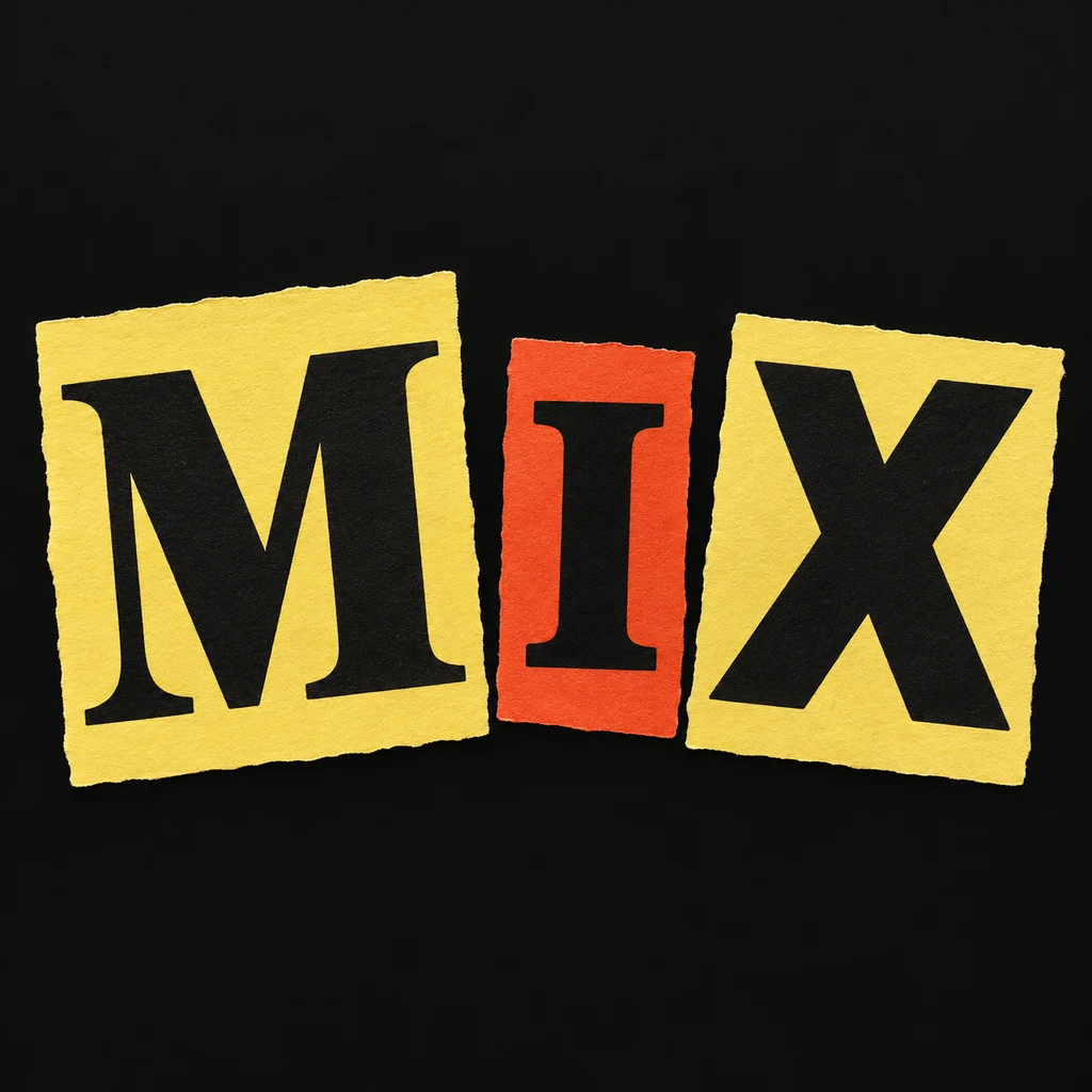 MIX as three complete black printed letters on separate butter and vermilion paper tiles over near-black