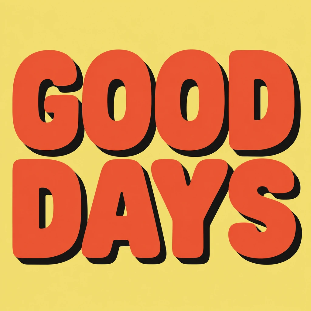 GOOD DAYS in two lines of rounded vermilion lettering with short near-black offset shadows on butter yellow