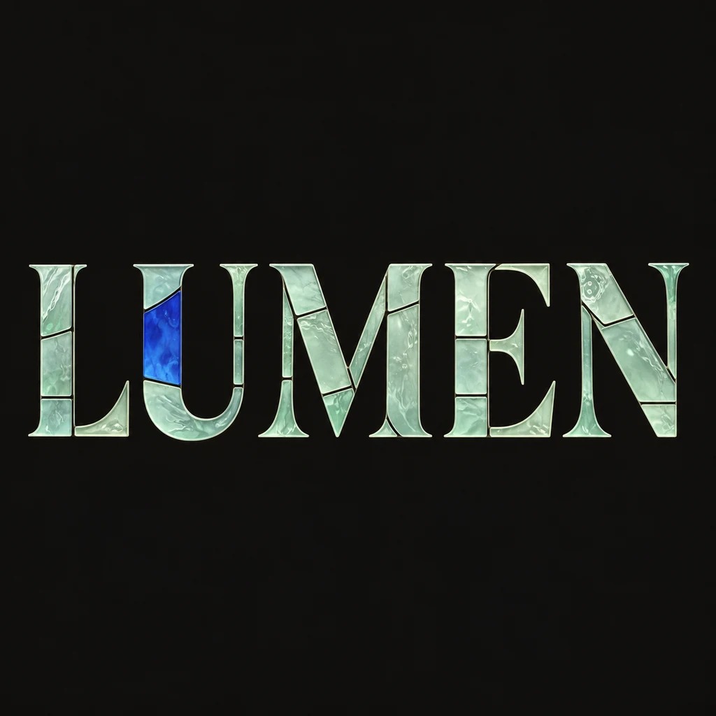LUMEN in pale mint stained-glass letters with contained dark leading and one blue pane on near-black