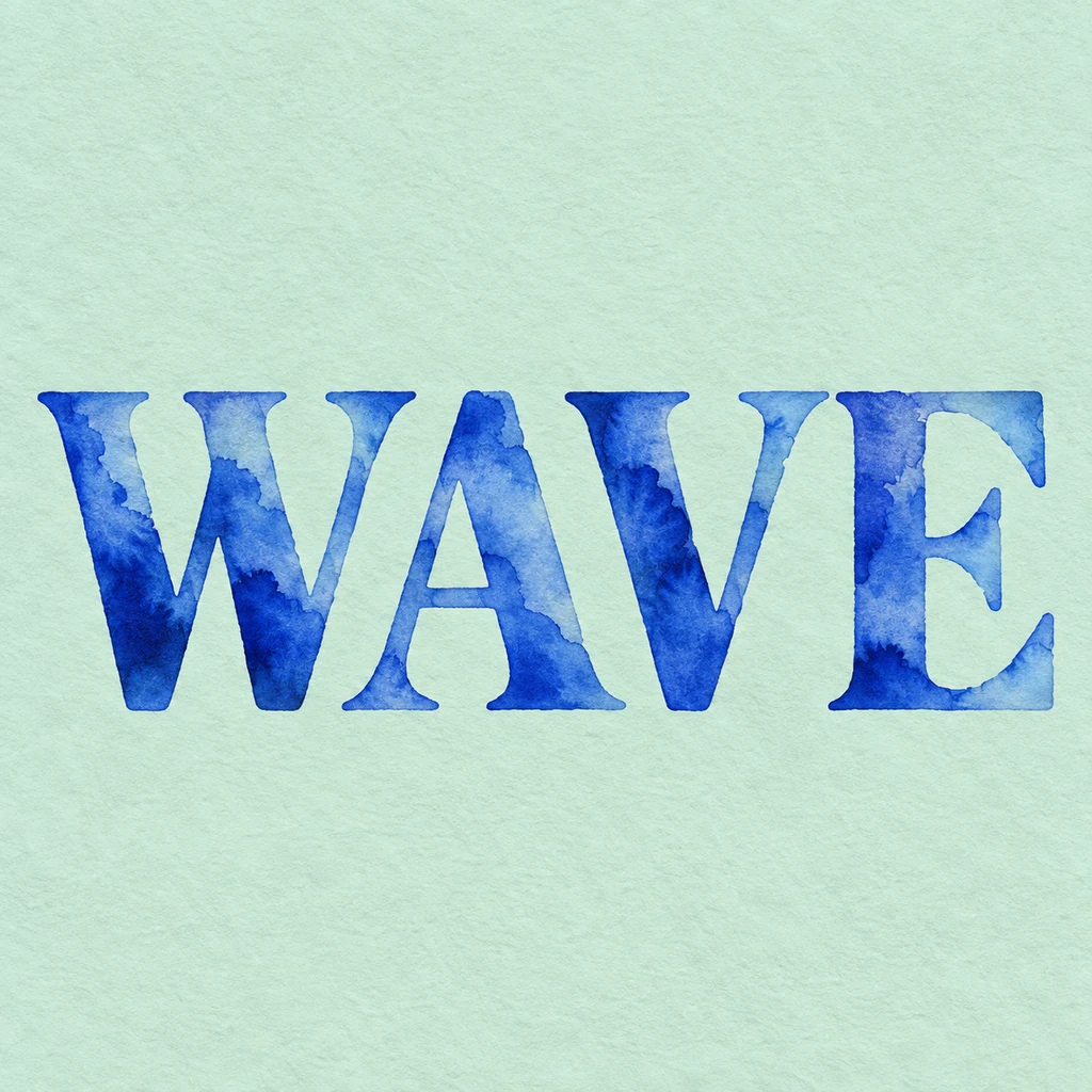 WAVE in ultramarine watercolor lettering with translucent washes and darker edges on pale mint paper