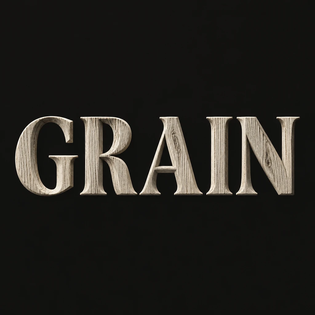 GRAIN in pale carved wooden capitals with fine visible grain and beveled edges on near-black