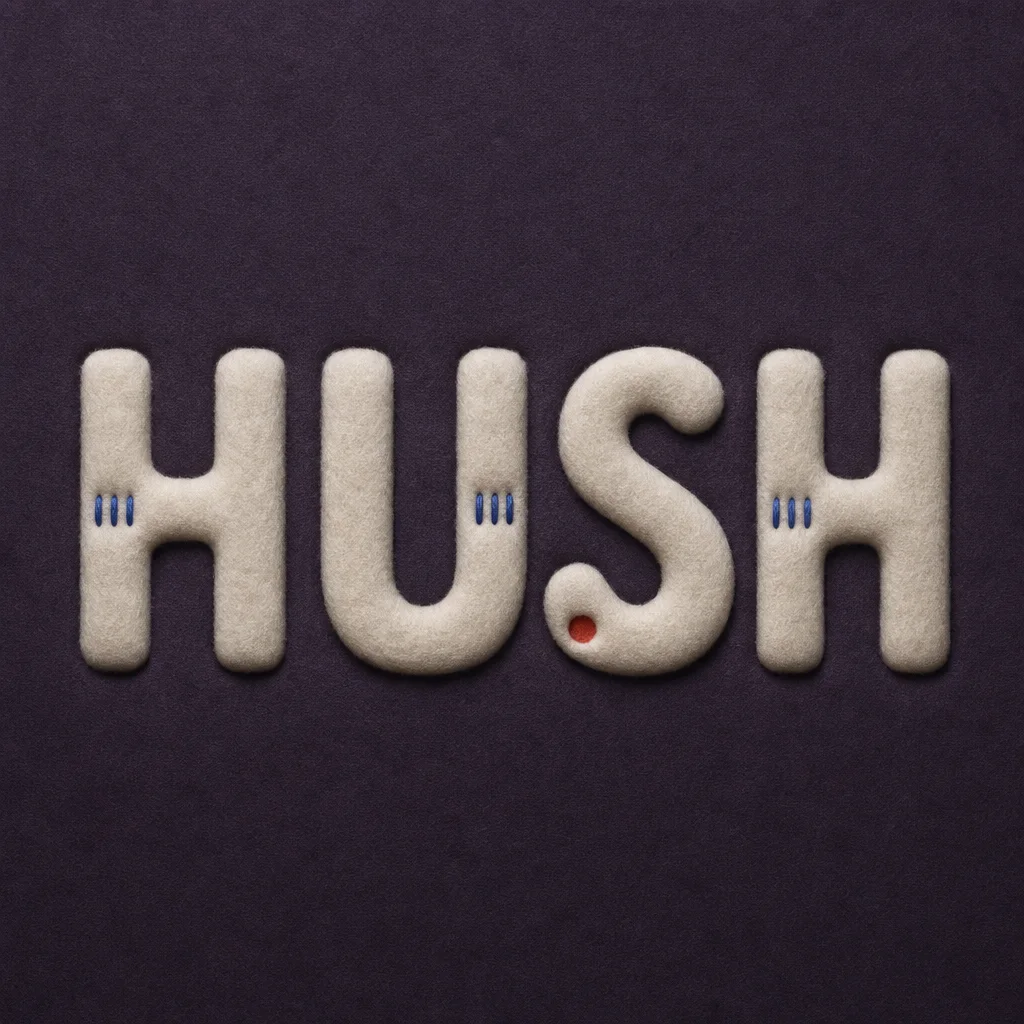HUSH as shallow felt relief with small stitched accents